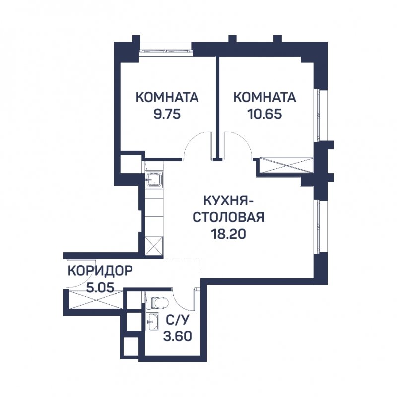 2-комнатная квартира с частичной отделкой, 47.3 м2, 2 этаж, сдача 3 квартал 2022 г., ЖК Любовь и Голуби, корпус 1 - объявление 1811349 - фото №1