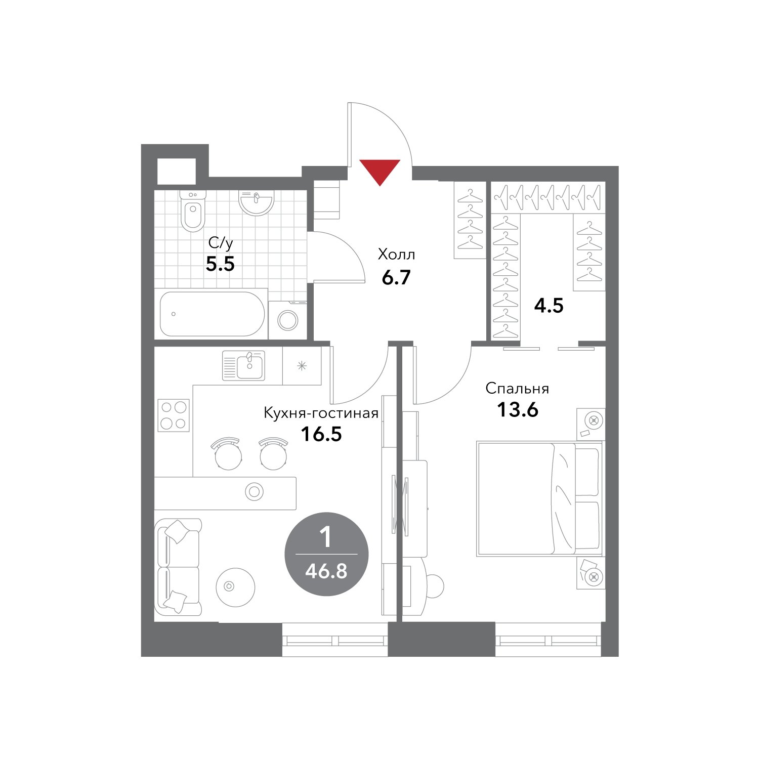 1-комнатные апартаменты без отделки, 46.8 м2, 11 этаж, сдача 3 квартал 2025 г., ЖК VOXHALL, корпус 4 - объявление 1995806 - фото №1