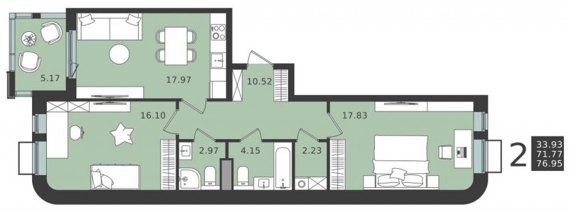 2-комнатная квартира без отделки, 74.36 м2, 4 этаж, сдача 1 квартал 2024 г., ЖК Мишино-2, корпус 5 - объявление 1948342 - фото №1
