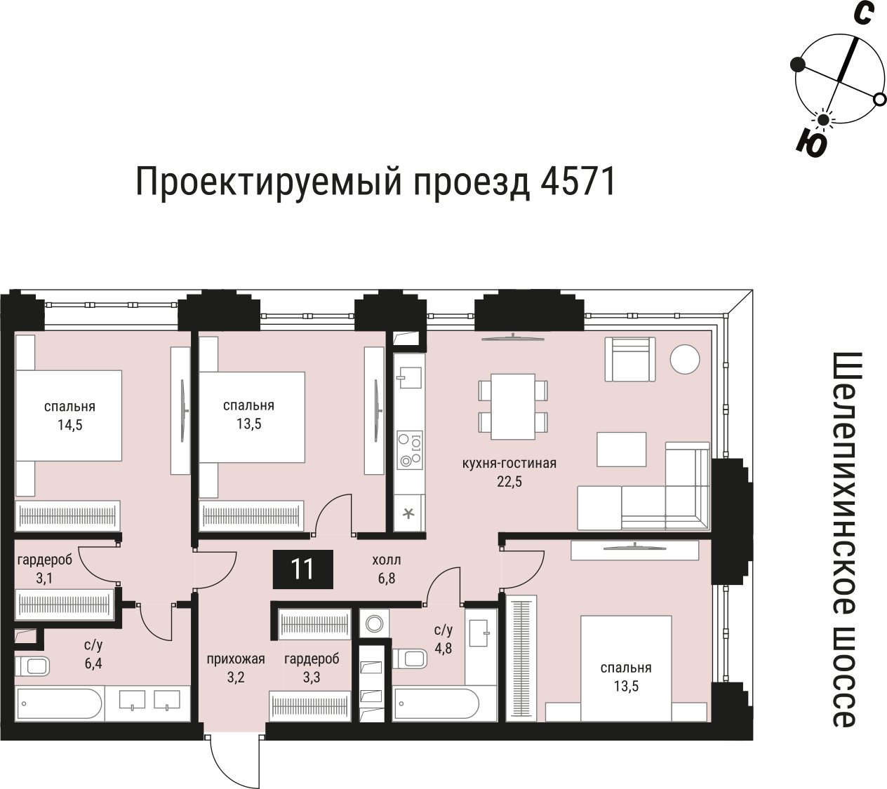 3-комнатная квартира без отделки, 91.5 м2, 3 этаж, сдача 2 квартал 2026 г., ЖК Шелепиха, корпус 1 - объявление 2383579 - фото №1