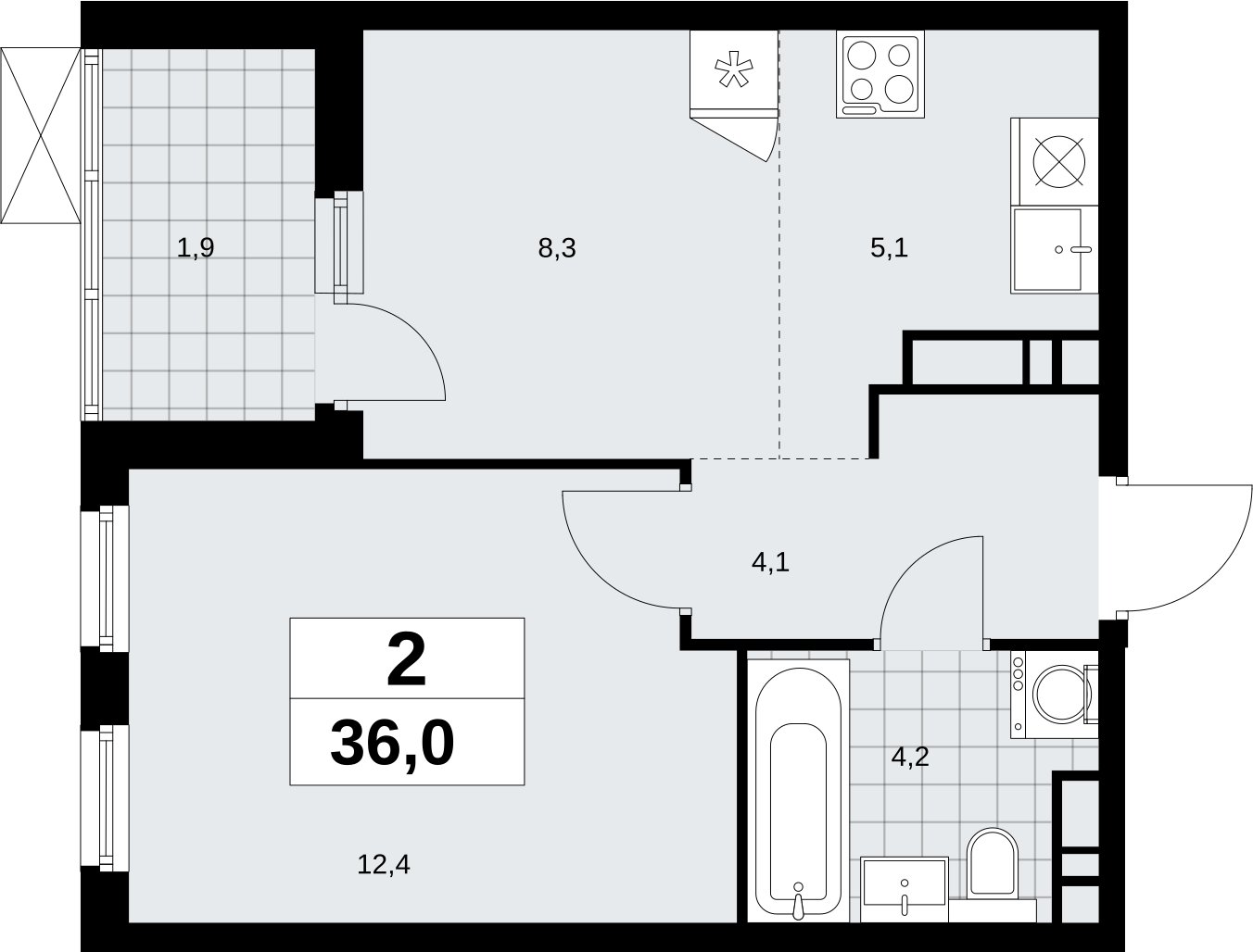 2-комнатная квартира (евро) без отделки, 36 м2, 11 этаж, сдача 4 квартал 2026 г., ЖК Скандинавия, корпус 2.18.1.2 - объявление 2350708 - фото №1