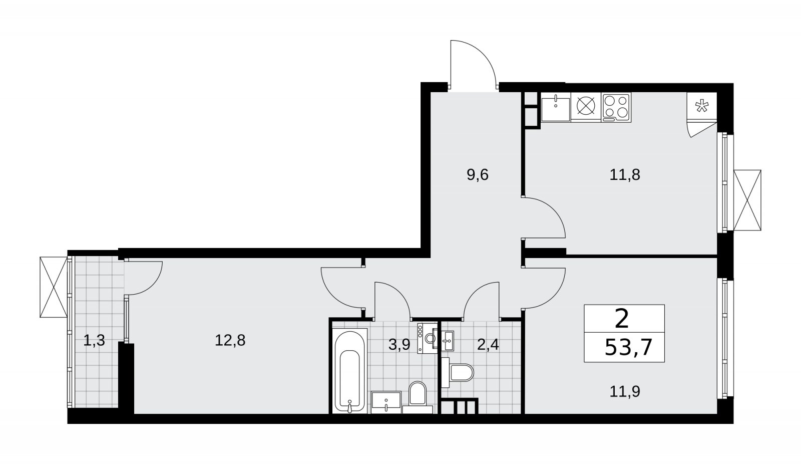 2-комнатная квартира с частичной отделкой, 53.7 м2, 11 этаж, сдача 2 квартал 2026 г., ЖК Деснаречье, корпус 4.5 - объявление 2264496 - фото №1