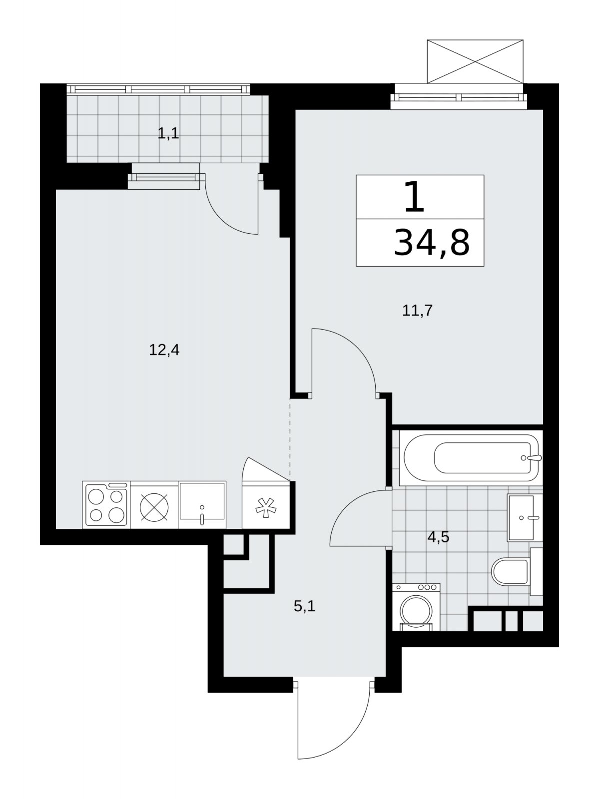 1-комнатная квартира с частичной отделкой, 34.8 м2, 11 этаж, сдача 1 квартал 2026 г., ЖК Прокшино, корпус 11.1.1 - объявление 2257104 - фото №1