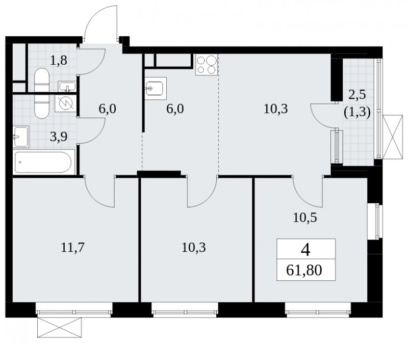 4-комнатная квартира (евро) без отделки, 61.8 м2, 13 этаж, сдача 1 квартал 2025 г., ЖК Прокшино, корпус 5.1.3 - объявление 1810923 - фото №1