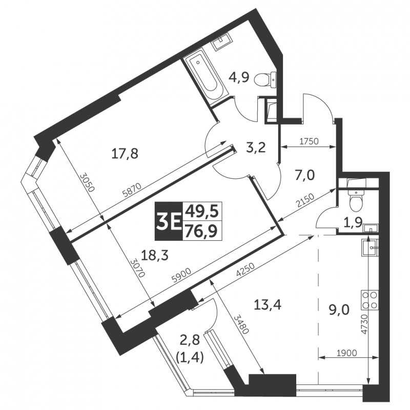 3-комнатная квартира (евро) с частичной отделкой, 76.9 м2, 25 этаж, дом сдан, ЖК Архитектор, корпус 3 - объявление 2260219 - фото №1