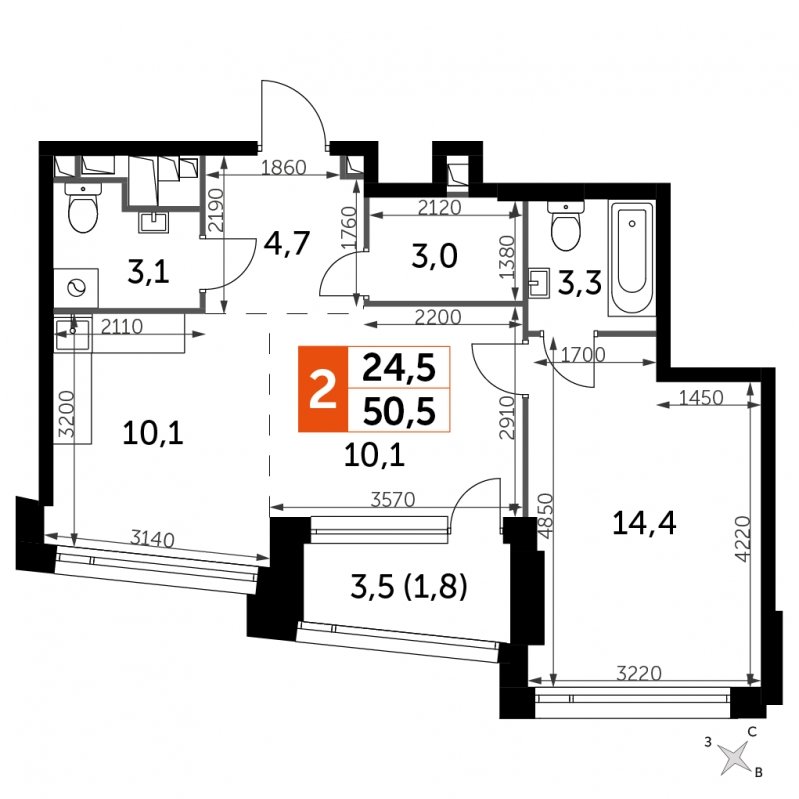 2-комнатная квартира с частичной отделкой, 50.5 м2, 22 этаж, сдача 4 квартал 2024 г., ЖК ROTTERDAM, корпус 2.1 - объявление 1676483 - фото №1
