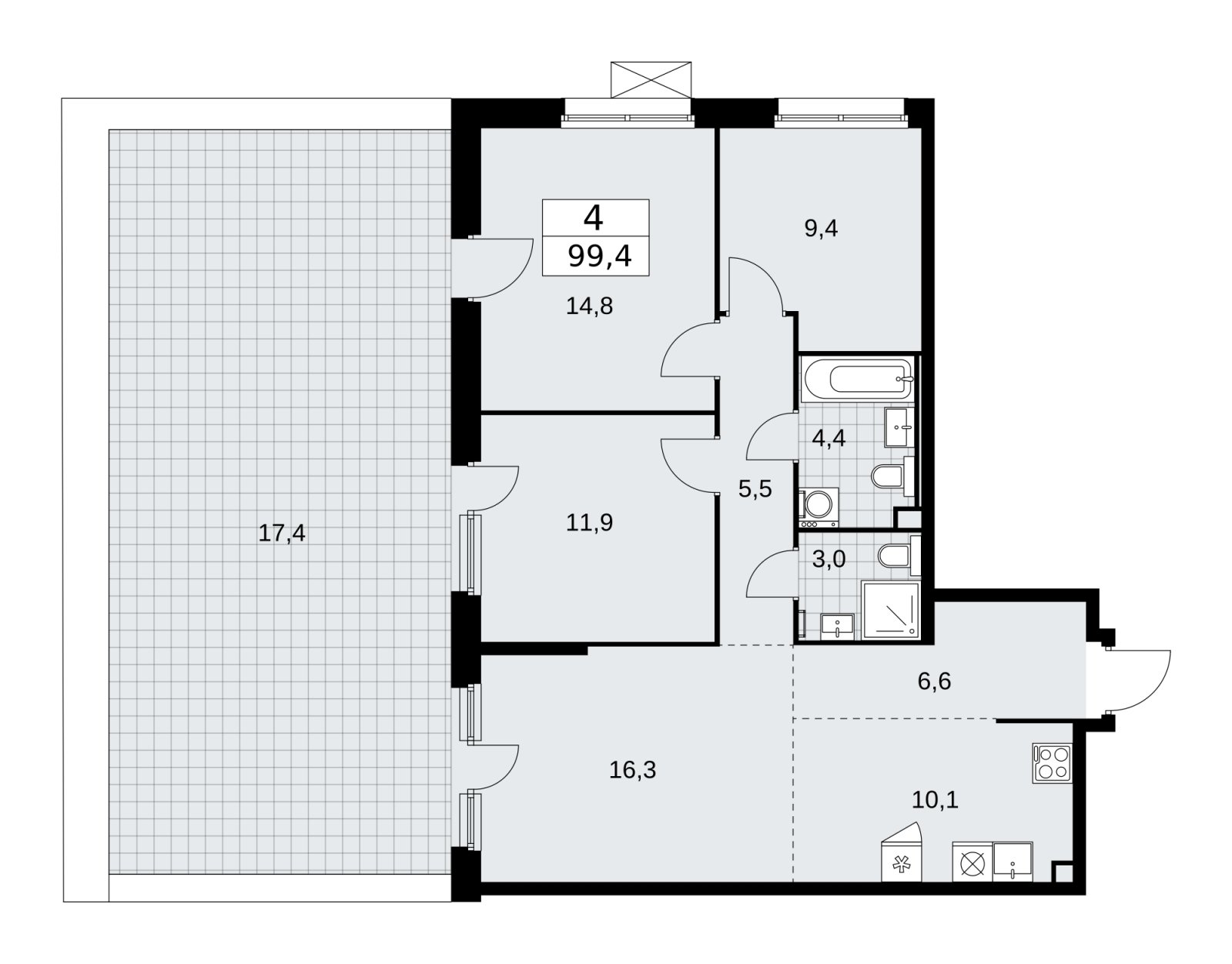 4-комнатная квартира (евро) с частичной отделкой, 99.4 м2, 2 этаж, сдача 2 квартал 2026 г., ЖК Скандинавия, корпус 25.2 - объявление 2283461 - фото №1