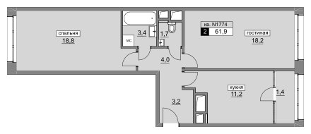 2-комнатная квартира без отделки, 61.9 м2, 12 этаж, сдача 4 квартал 2022 г., ЖК Румянцево-Парк, корпус 3 - объявление 1187371 - фото №1