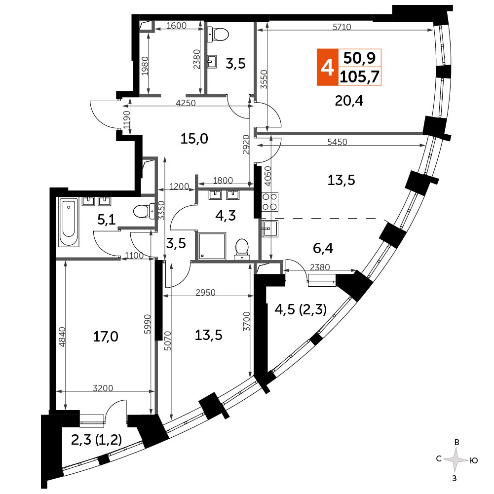 3-комнатная квартира с частичной отделкой, 105.7 м2, 22 этаж, сдача 3 квартал 2024 г., ЖК Sydney City, корпус 2.2 - объявление 2374910 - фото №1