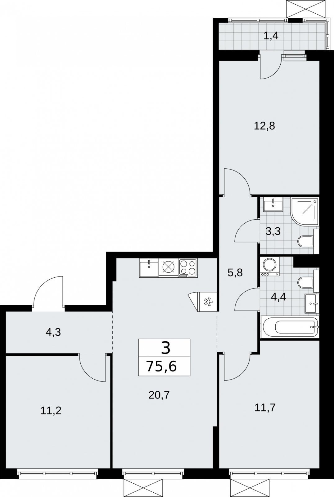 3-комнатная квартира без отделки, 75.6 м2, 5 этаж, сдача 2 квартал 2026 г., ЖК Бунинские кварталы, корпус 7.3 - объявление 2313613 - фото №1