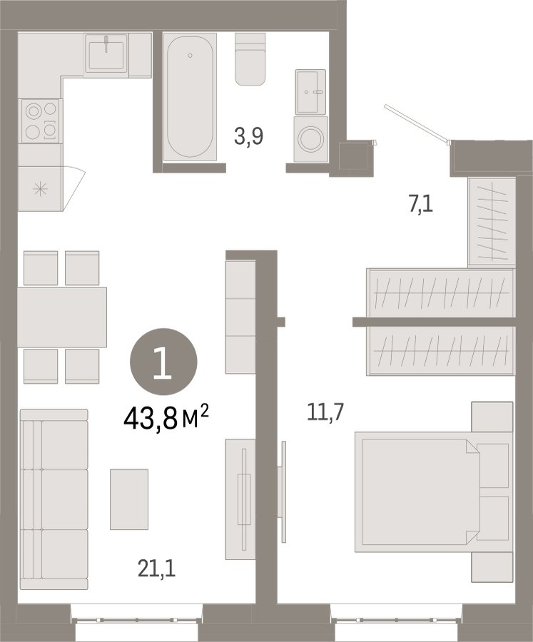 1-комнатная квартира 43.8 м2, 6 этаж, сдача 3 квартал 2026 г., ЖК Квартал Метроном, корпус 1 - объявление 2330792 - фото №1