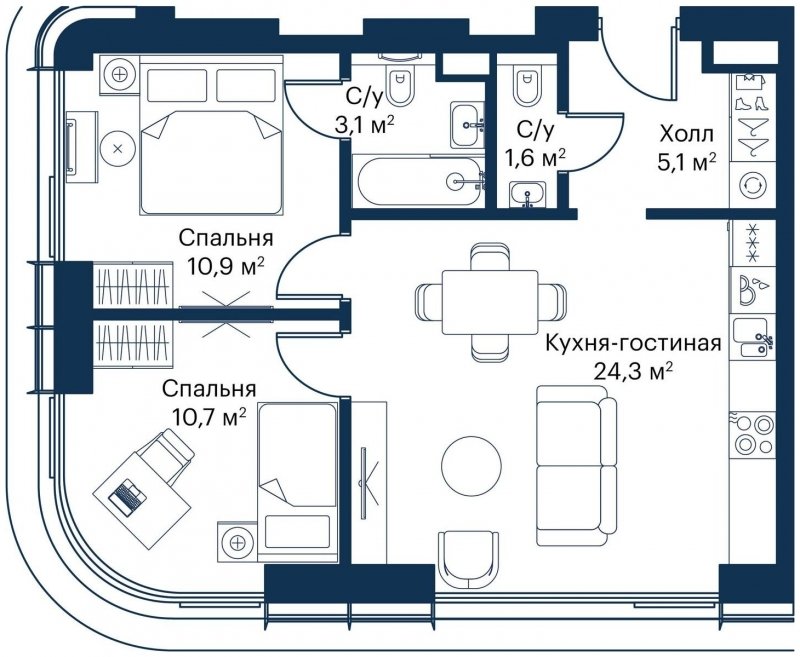 2-комнатная квартира с частичной отделкой, 55.7 м2, 2 этаж, сдача 4 квартал 2023 г., ЖК City Bay, корпус Atlantic Ocean 1 - объявление 1645506 - фото №1