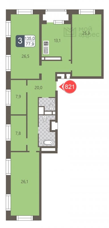 3-комнатная квартира с частичной отделкой, 135 м2, 21 этаж, дом сдан, ЖК мой адрес На Береговом, корпус Южный квартал - объявление 1795471 - фото №1