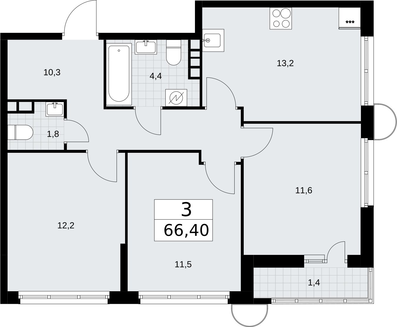 3-комнатная квартира с полной отделкой, 66.4 м2, 4 этаж, сдача 4 квартал 2026 г., ЖК Родные кварталы, корпус 3.2 - объявление 2378373 - фото №1