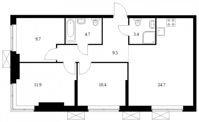 3-комнатная квартира без отделки, 74.3 м2, 16 этаж, сдача 4 квартал 2023 г., ЖК Holland park, корпус 11 - объявление 1680876 - фото №1
