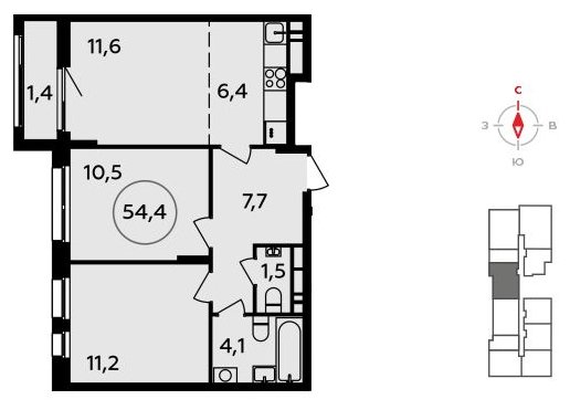 3-комнатная квартира (евро) с полной отделкой, 54.4 м2, 12 этаж, сдача 4 квартал 2023 г., ЖК Прокшино, корпус 4.1 - объявление 1761173 - фото №1