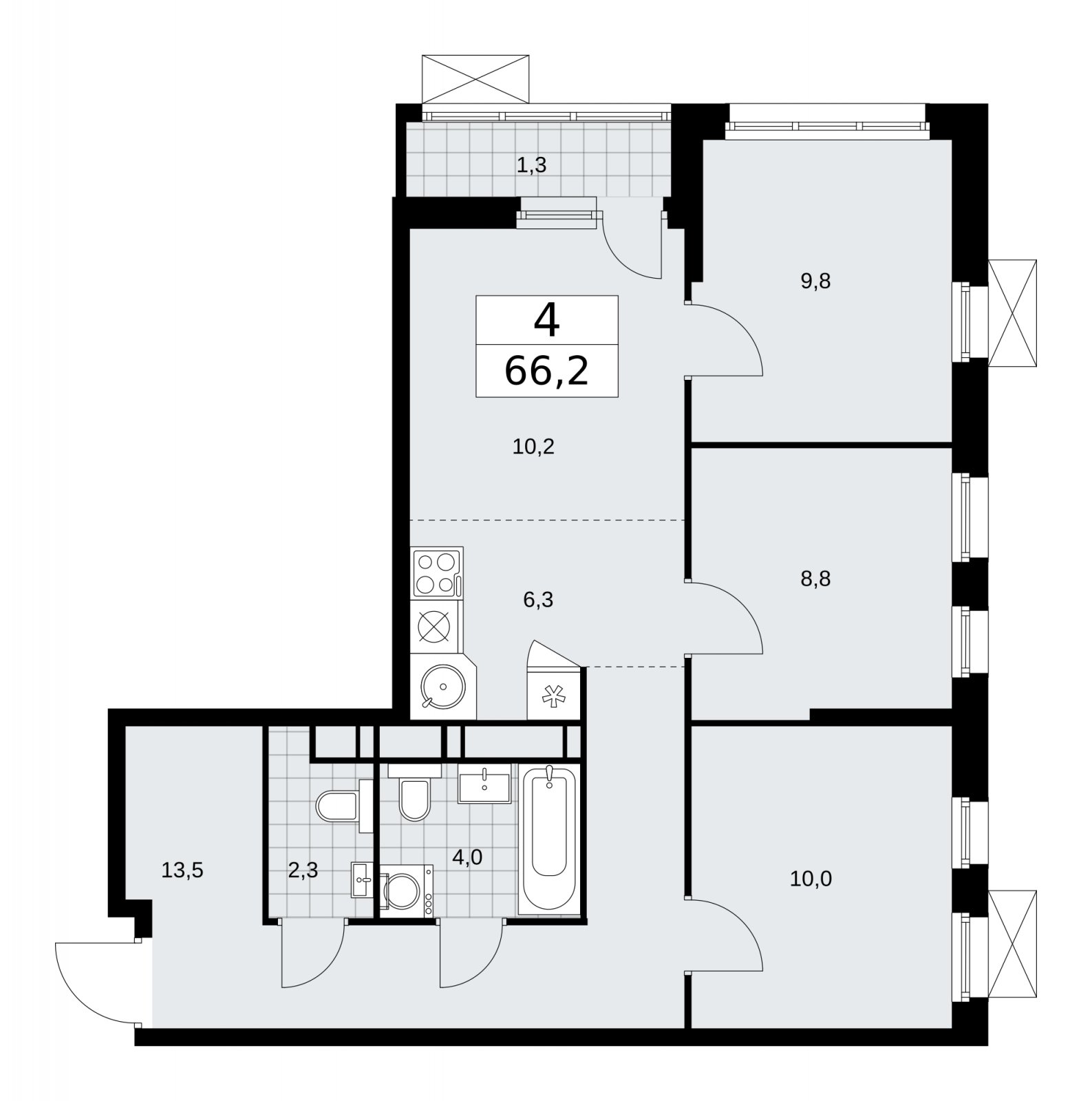 4-комнатная квартира (евро) без отделки, 66.2 м2, 16 этаж, сдача 1 квартал 2026 г., ЖК Скандинавия, корпус 37.2.1 - объявление 2254418 - фото №1