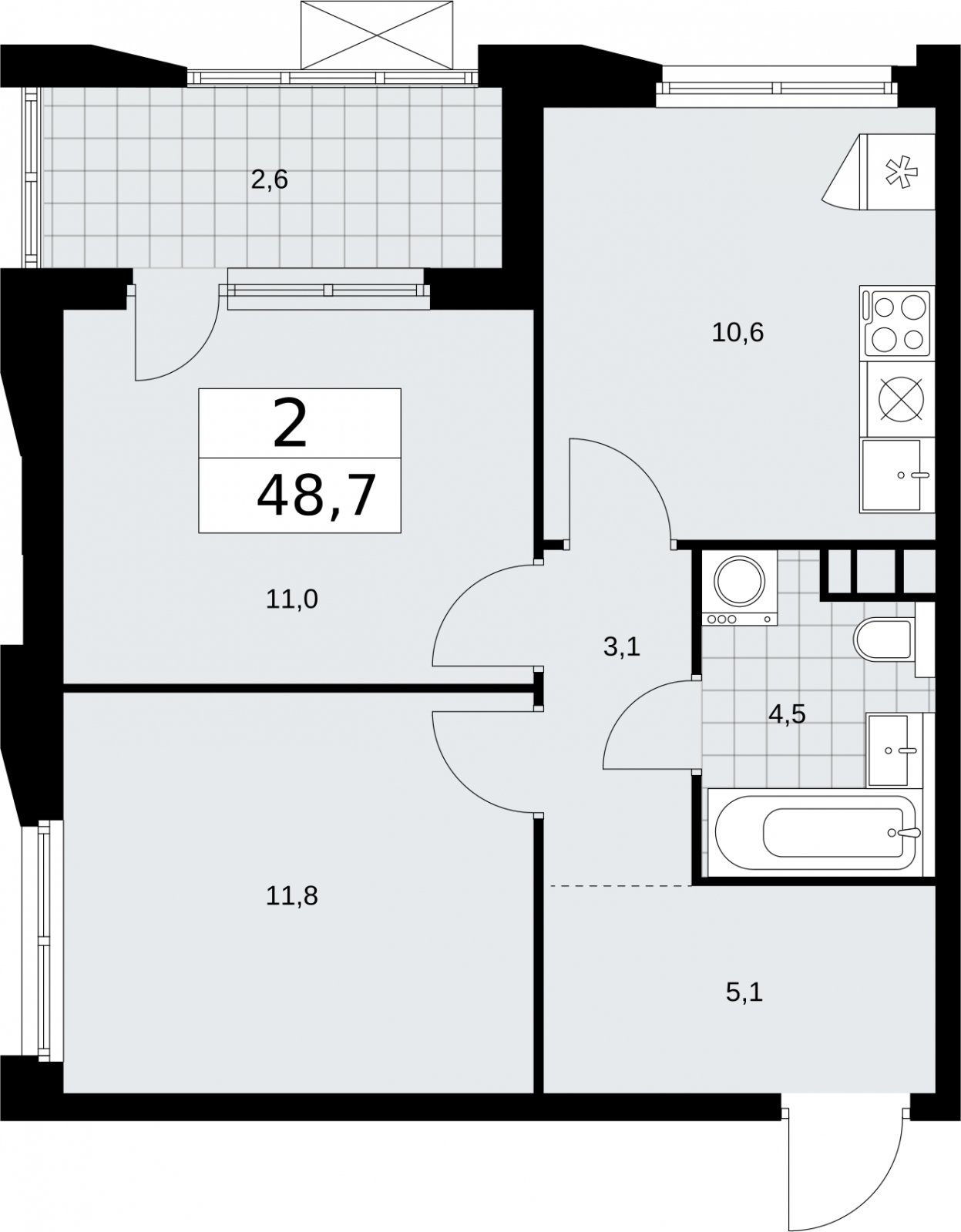 2-комнатная квартира без отделки, 48.7 м2, 11 этаж, сдача 2 квартал 2026 г., ЖК Бунинские кварталы, корпус 5.2 - объявление 2297386 - фото №1