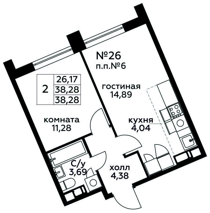 2-комнатная квартира (евро) с полной отделкой, 38.28 м2, 4 этаж, сдача 3 квартал 2024 г., ЖК МелисСад, корпус 1 - объявление 1821632 - фото №1