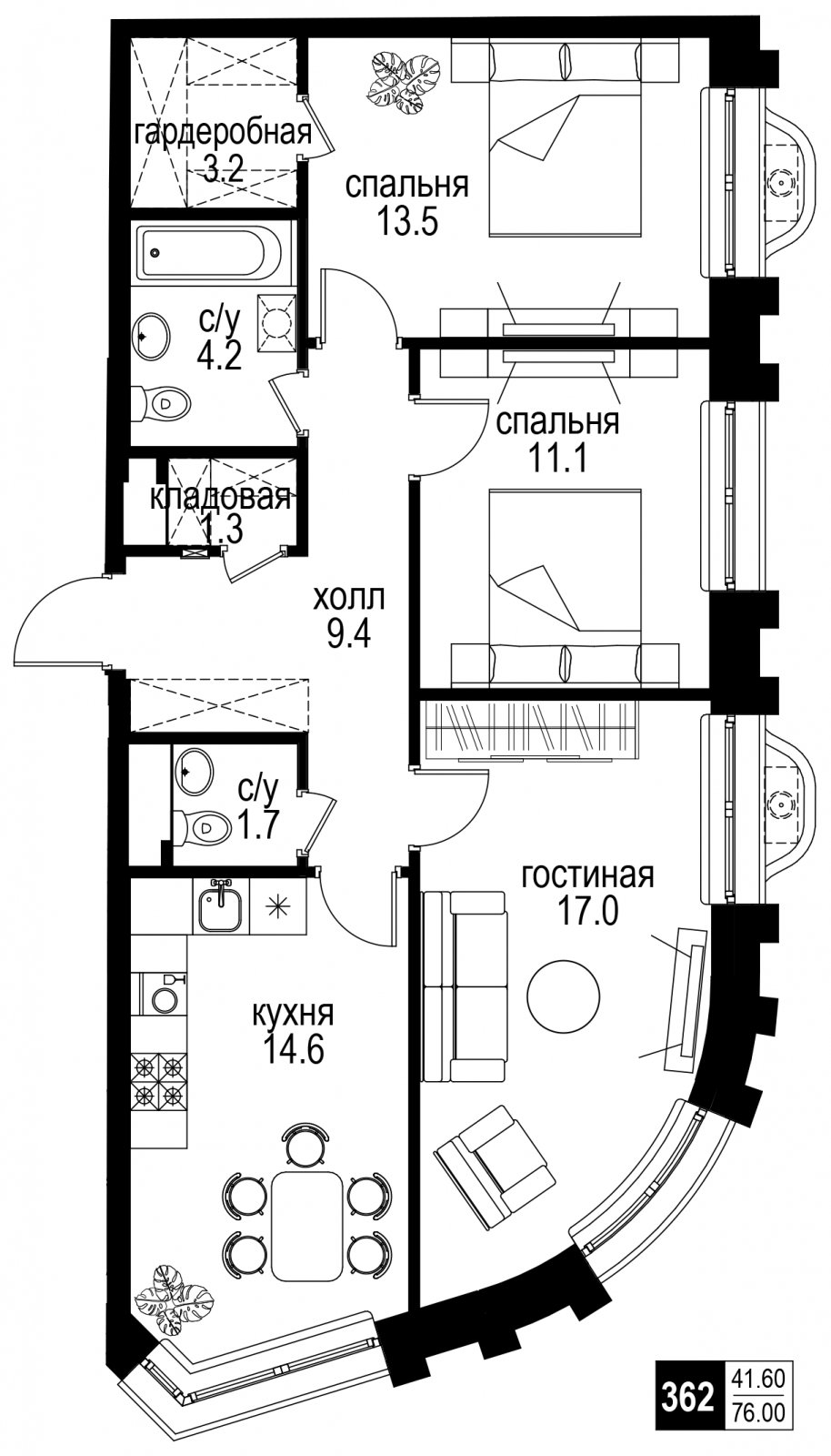 3-комнатная квартира без отделки, 76 м2, 8 этаж, сдача 2 квартал 2024 г., ЖК Интеллигент, корпус 2 - объявление 2260662 - фото №1