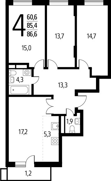 4-комнатная квартира (евро) с полной отделкой, 86.6 м2, 7 этаж, сдача 1 квартал 2025 г., ЖК Новые Ватутинки. Заречный, корпус 5/2 - объявление 2272107 - фото №1