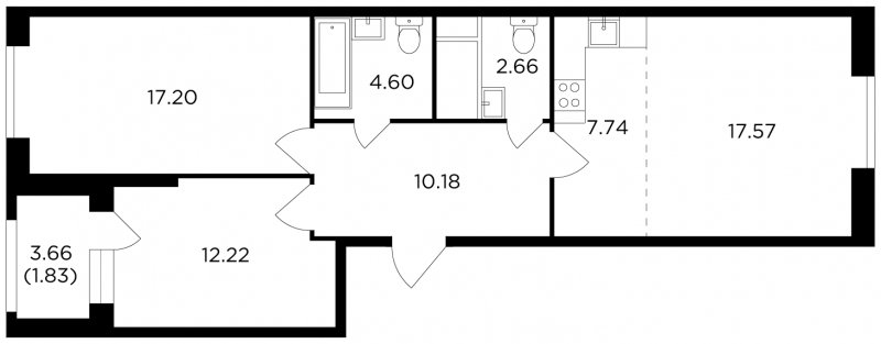 3-комнатная квартира без отделки, 74 м2, 30 этаж, дом сдан, ЖК КутузовGRAD 2, корпус 5 - объявление 1784758 - фото №1