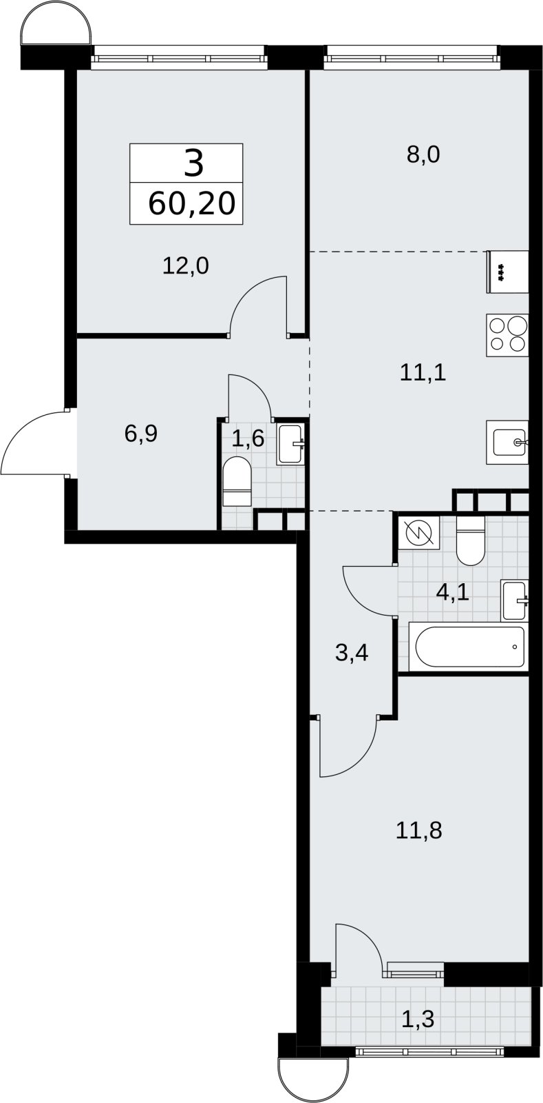 3-комнатная квартира (евро) с полной отделкой, 60.2 м2, 4 этаж, сдача 4 квартал 2026 г., ЖК Родные кварталы, корпус 3.2 - объявление 2378415 - фото №1