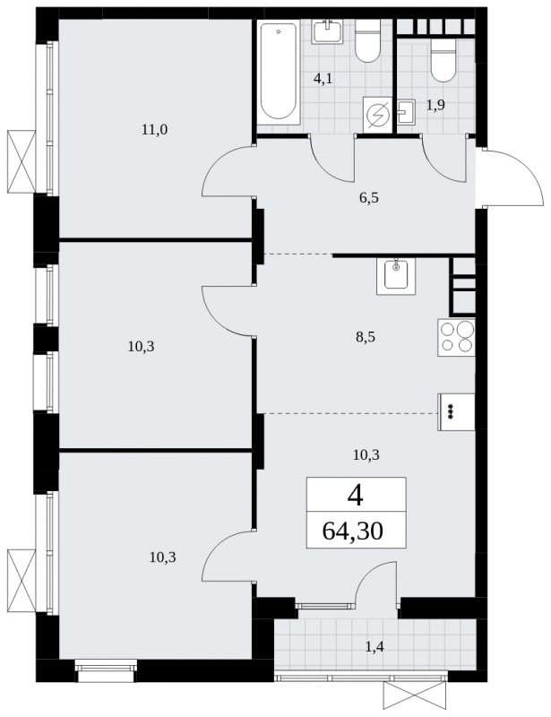 4-комнатная квартира (евро) с частичной отделкой, 64.3 м2, 5 этаж, сдача 1 квартал 2025 г., ЖК Дзен-кварталы, корпус 1.2 - объявление 1895695 - фото №1