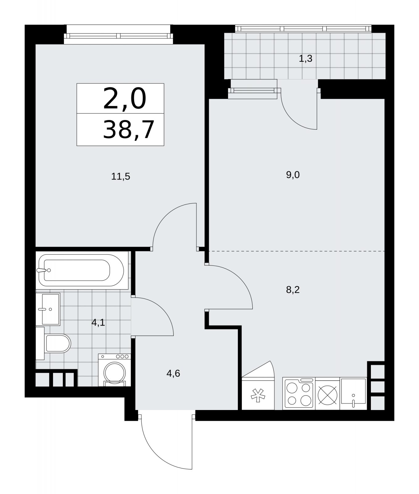 2-комнатная квартира (евро) с частичной отделкой, 38.7 м2, 9 этаж, сдача 2 квартал 2026 г., ЖК Дзен-кварталы, корпус 3.6 - объявление 2242787 - фото №1