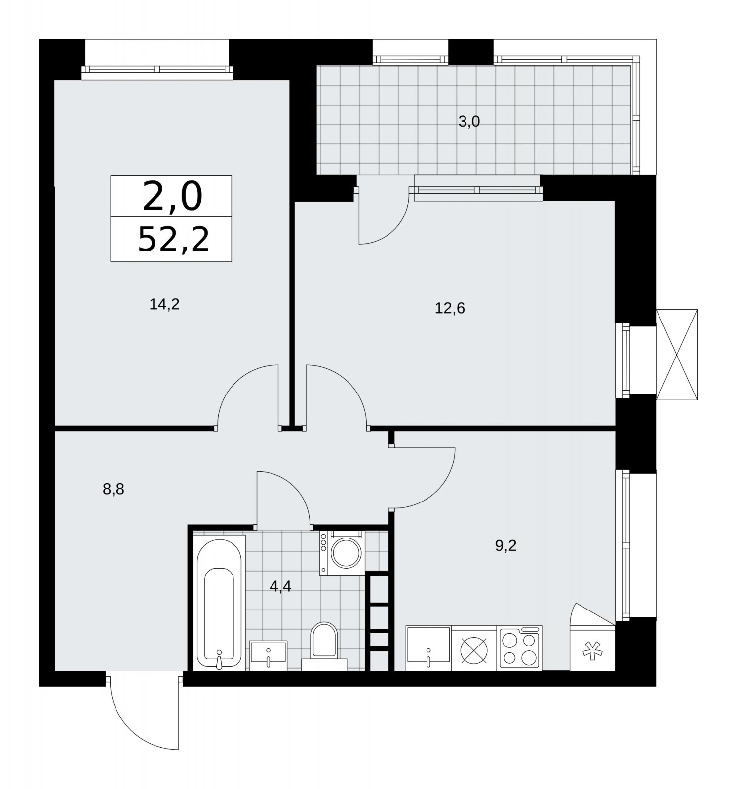 2-комнатная квартира с частичной отделкой, 52.2 м2, 12 этаж, сдача 1 квартал 2026 г., ЖК Бунинские кварталы, корпус 6.1 - объявление 2252456 - фото №1