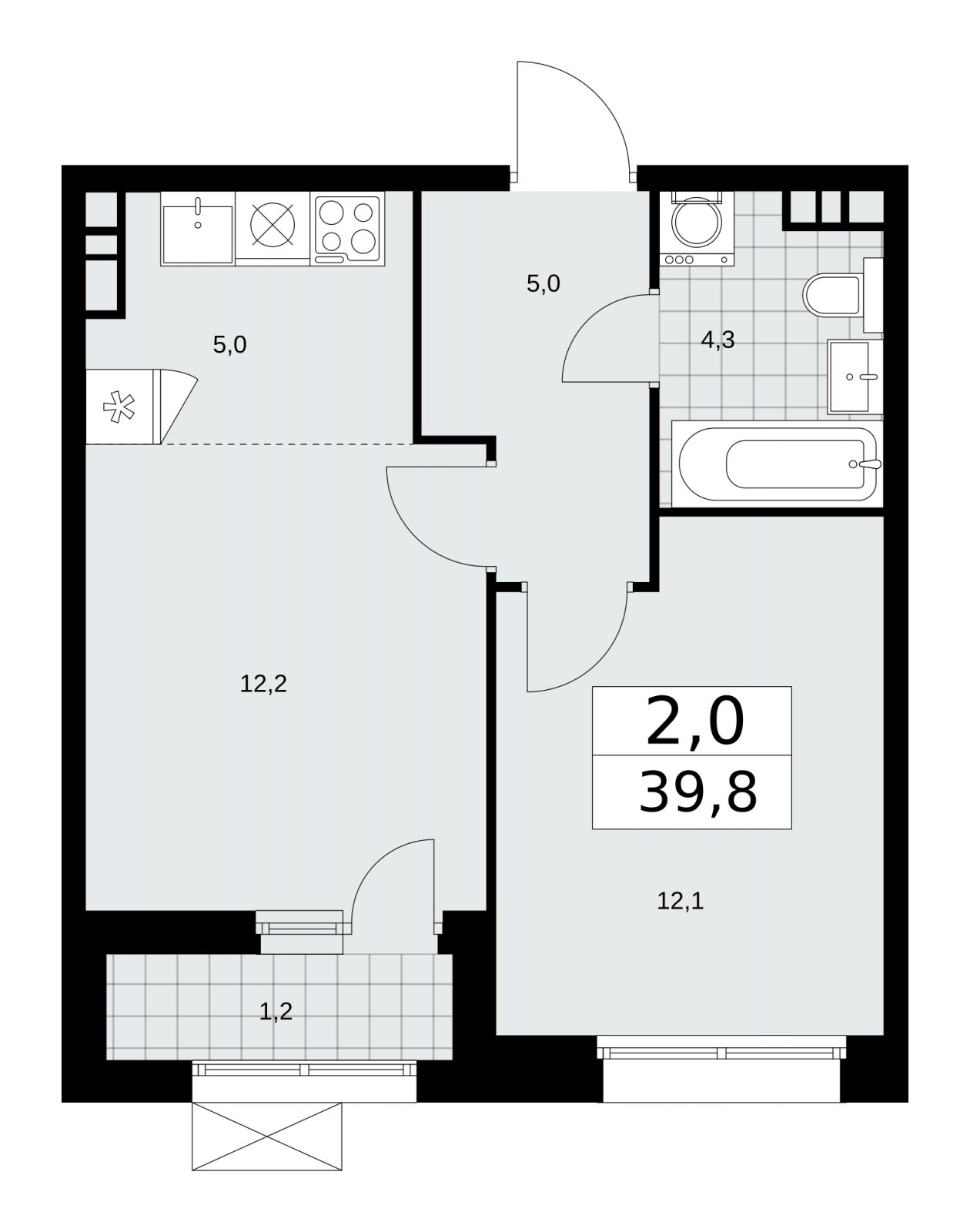 2-комнатная квартира (евро) с частичной отделкой, 39.8 м2, 4 этаж, сдача 1 квартал 2026 г., ЖК Бунинские кварталы, корпус 6.3 - объявление 2252620 - фото №1