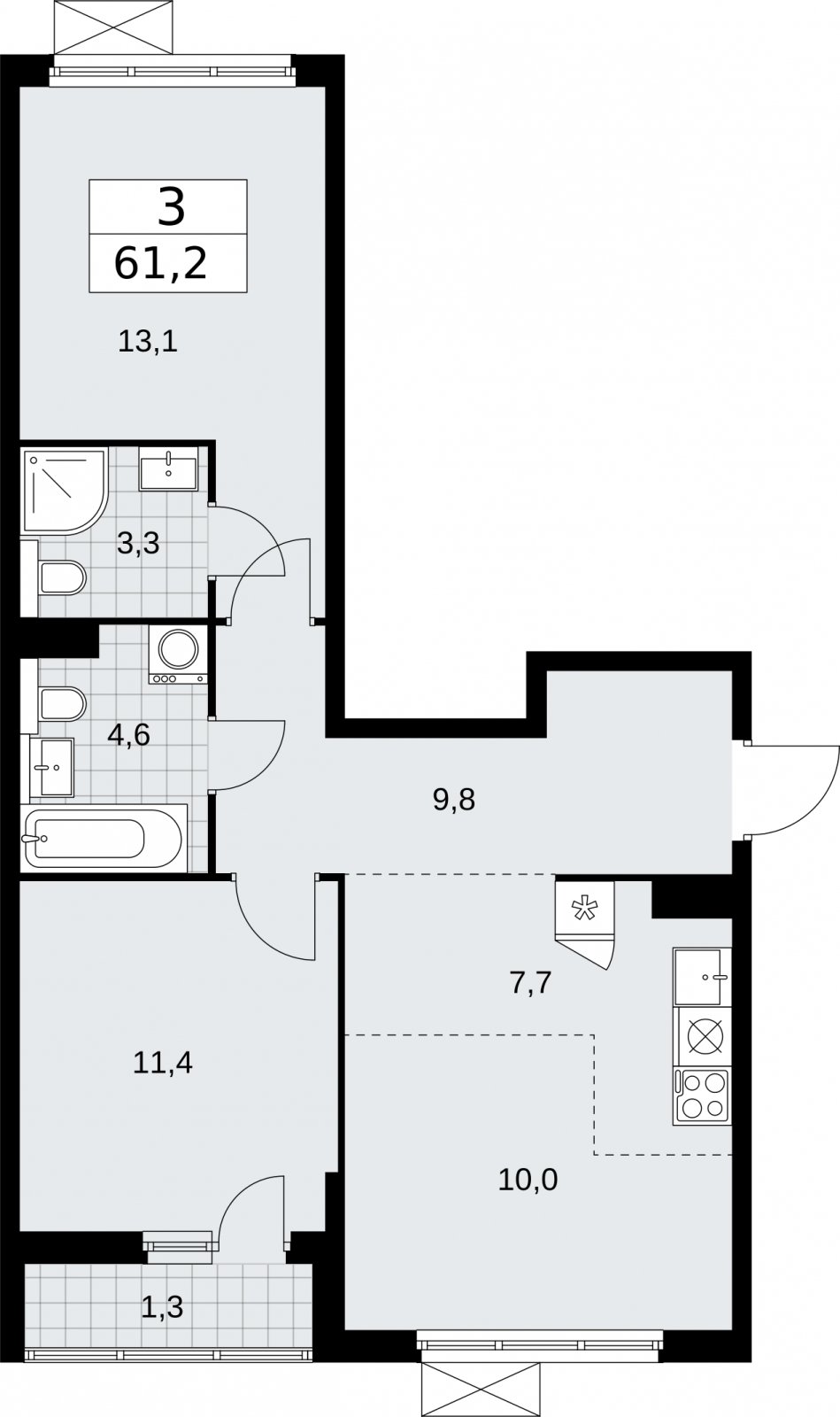 3-комнатная квартира (евро) без отделки, 61.2 м2, 7 этаж, сдача 2 квартал 2026 г., ЖК Бунинские кварталы, корпус 7.3 - объявление 2313673 - фото №1