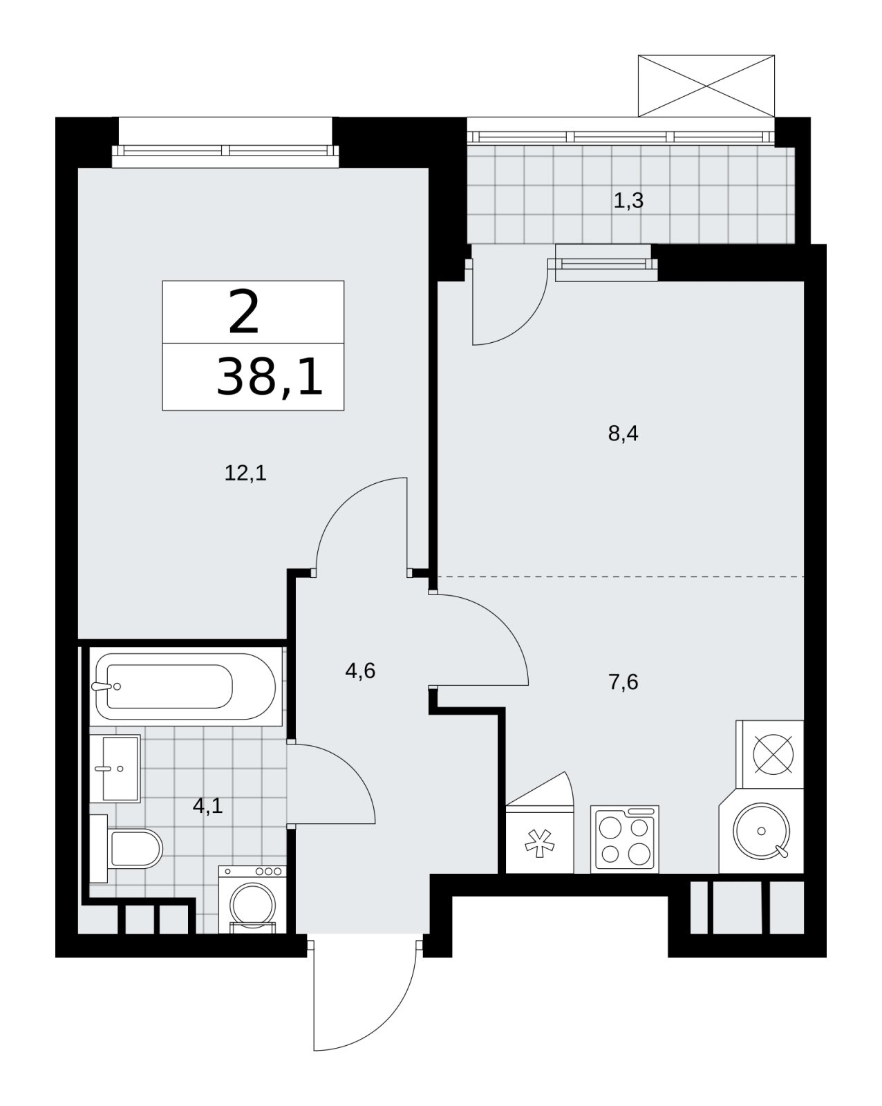 2-комнатная квартира (евро) без отделки, 38.1 м2, 8 этаж, сдача 2 квартал 2026 г., ЖК Скандинавия, корпус 25.5 - объявление 2283795 - фото №1
