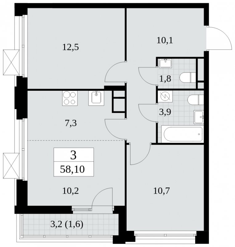 3-комнатная квартира (евро) без отделки, 58.1 м2, 8 этаж, сдача 4 квартал 2024 г., ЖК Скандинавия, корпус 2.27.3 - объявление 1840657 - фото №1