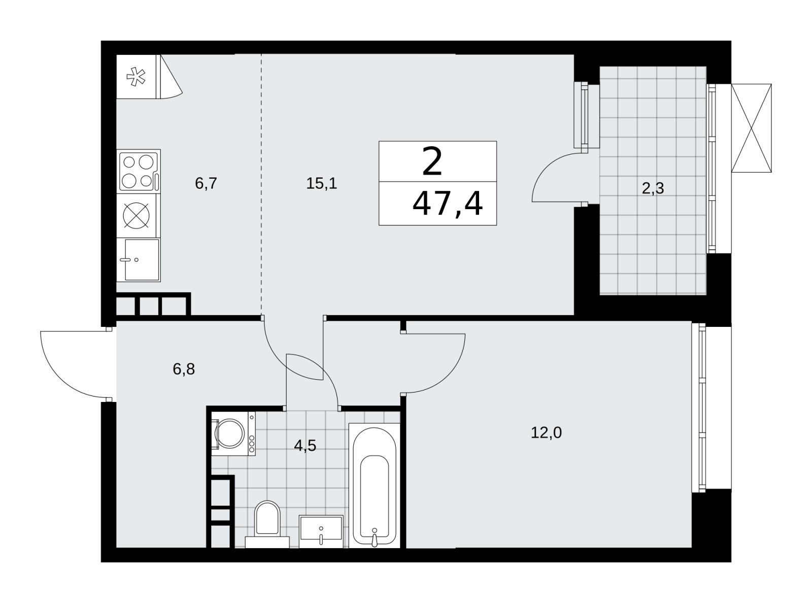 2-комнатная квартира (евро) без отделки, 47.4 м2, 16 этаж, сдача 4 квартал 2025 г., ЖК Бунинские кварталы, корпус 6.5 - объявление 2252872 - фото №1