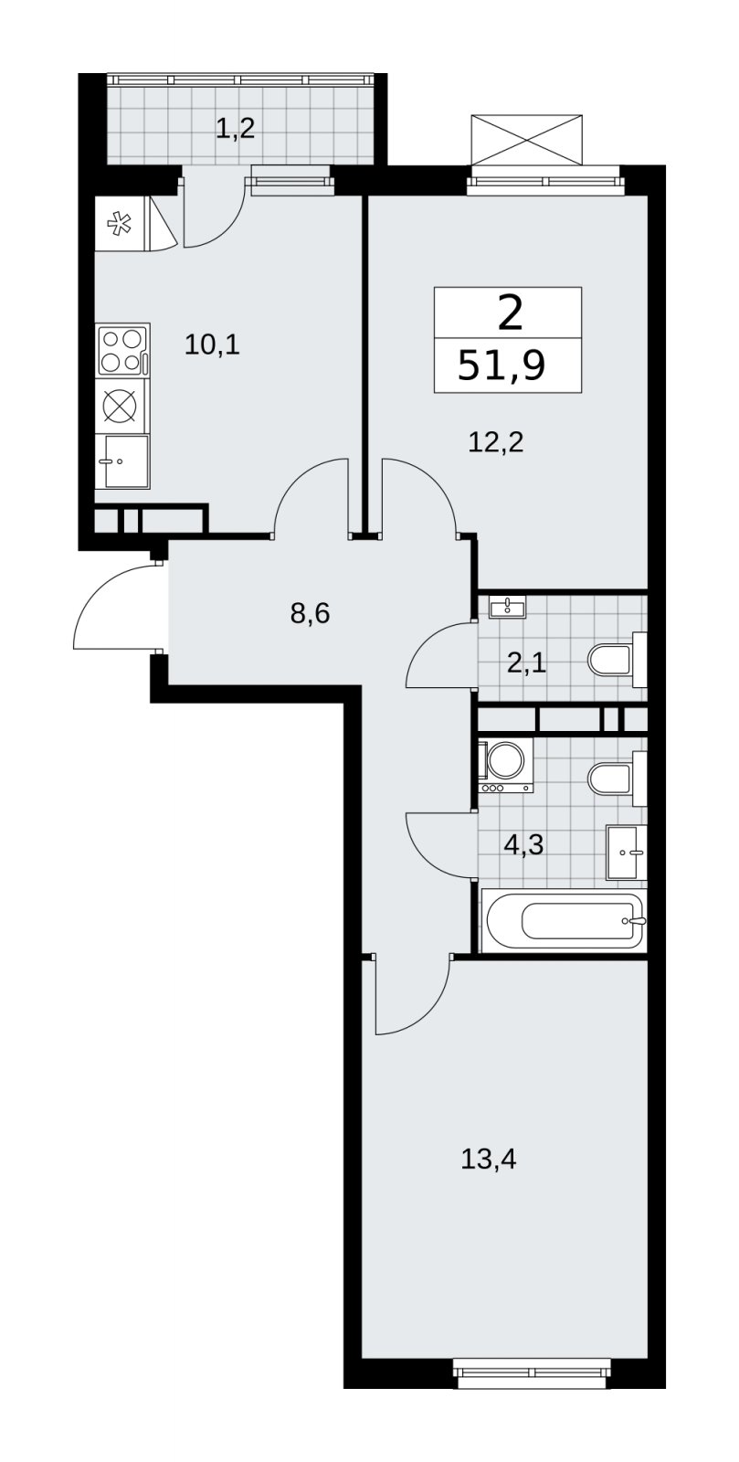 2-комнатная квартира без отделки, 51.9 м2, 12 этаж, сдача 4 квартал 2025 г., ЖК Прокшино, корпус 11.1.4 - объявление 2257555 - фото №1