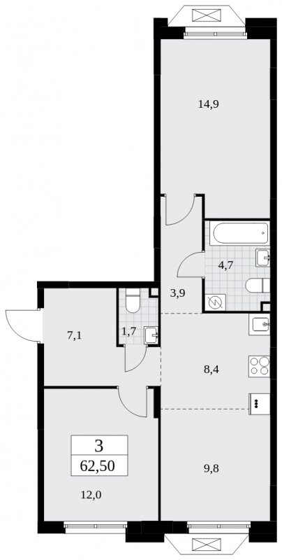 3-комнатная квартира (евро) без отделки, 62.5 м2, 2 этаж, сдача 1 квартал 2025 г., ЖК Бунинские кварталы, корпус 1.3 - объявление 1834782 - фото №1