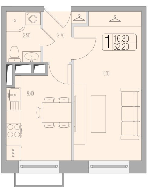 1-комнатные апартаменты без отделки, 32.2 м2, 17 этаж, дом сдан, ЖК Легендарный Квартал на Березовой  аллее, корпус 4 - объявление 2256736 - фото №1
