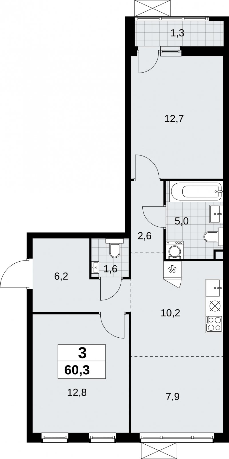 3-комнатная квартира (евро) с полной отделкой, 60.3 м2, 2 этаж, сдача 3 квартал 2026 г., ЖК Дзен-кварталы, корпус 6.1.3 - объявление 2327957 - фото №1
