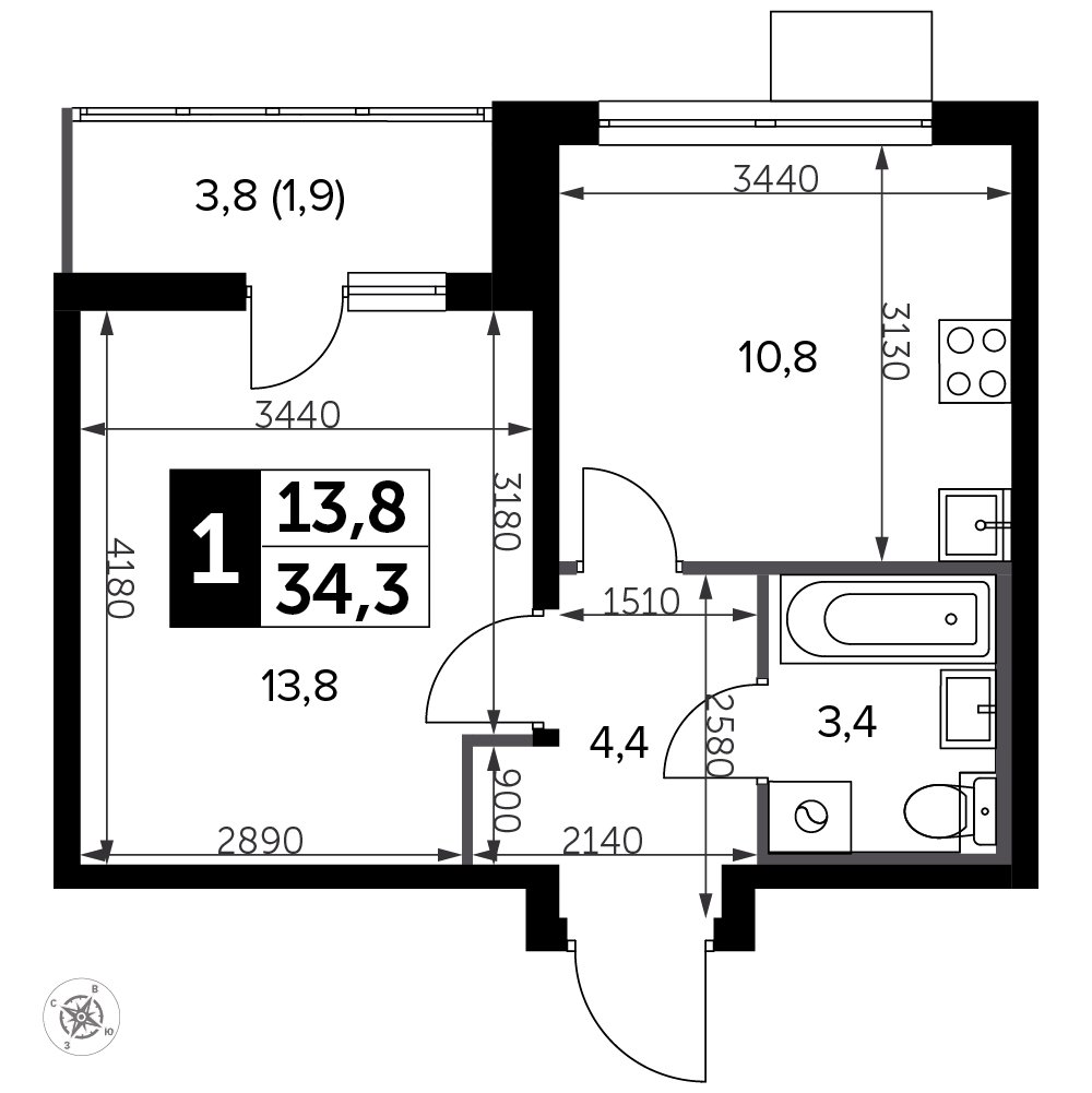 1-комнатная квартира без отделки, 34.7 м2, 15 этаж, дом сдан, ЖК Южная Битца, корпус 12 - объявление 2401701 - фото №1