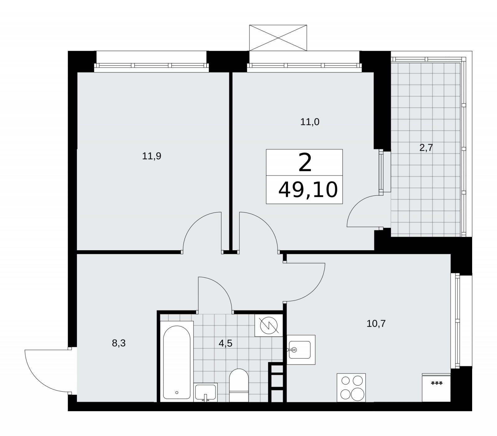 2-комнатная квартира с частичной отделкой, 49.1 м2, 3 этаж, сдача 4 квартал 2025 г., ЖК Бунинские кварталы, корпус 3.5 - объявление 2152125 - фото №1