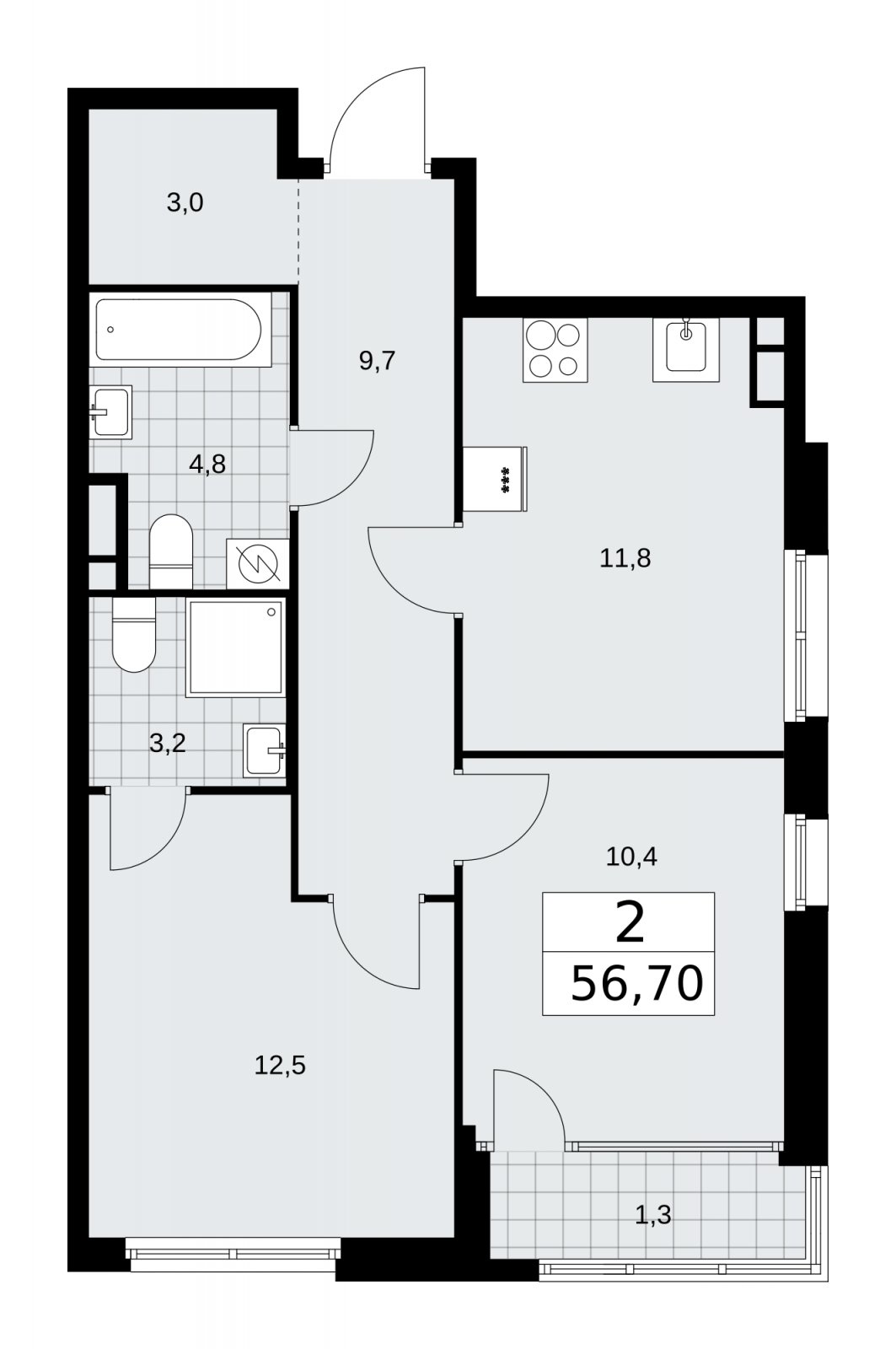 2-комнатная квартира с частичной отделкой, 56.7 м2, 10 этаж, сдача 1 квартал 2026 г., ЖК Дом на Зорге, корпус 25 - объявление 2221078 - фото №1