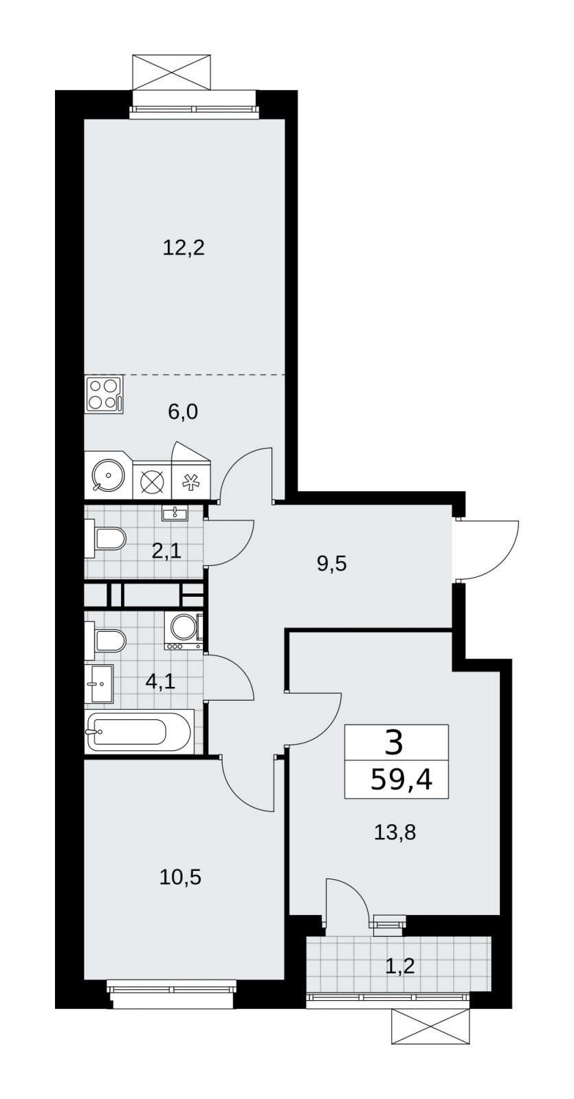 3-комнатная квартира (евро) без отделки, 59.4 м2, 11 этаж, сдача 2 квартал 2026 г., ЖК Скандинавия, корпус 25.4 - объявление 2284227 - фото №1