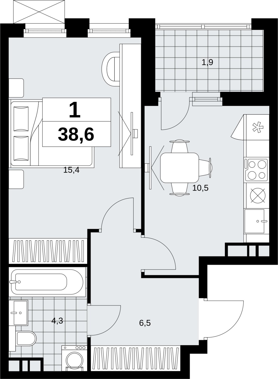 1-комнатная квартира без отделки, 38.6 м2, 15 этаж, сдача 4 квартал 2026 г., ЖК Скандинавия, корпус 2.18.2.6 - объявление 2351829 - фото №1