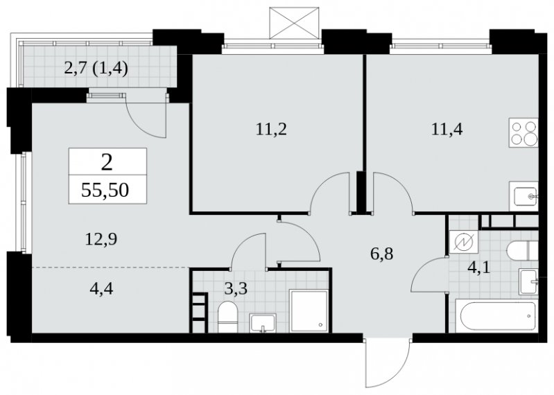 2-комнатная квартира с частичной отделкой, 55.5 м2, 5 этаж, сдача 4 квартал 2024 г., ЖК Скандинавия, корпус 2.27.4 - объявление 1840723 - фото №1