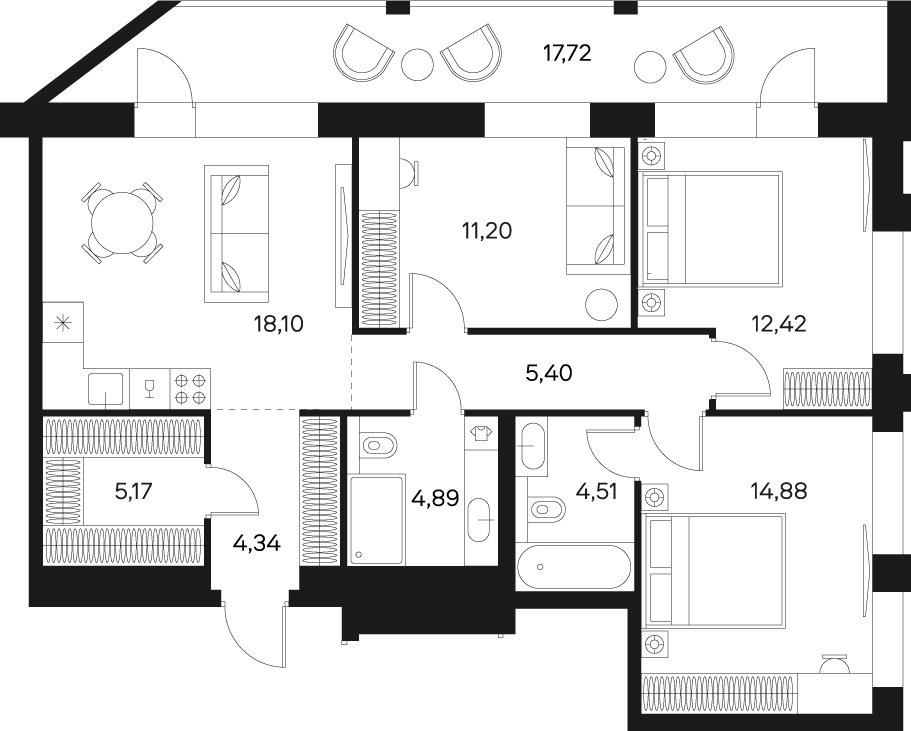 3-комнатная квартира без отделки, 89.77 м2, 2 этаж, сдача 4 квартал 2024 г., ЖК FØRST, корпус 1 - объявление 1994269 - фото №1