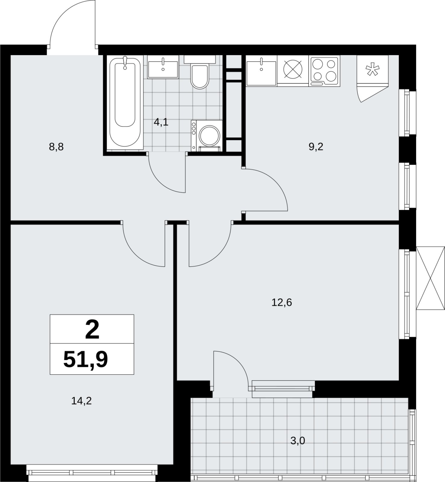 2-комнатная квартира без отделки, 51.9 м2, 14 этаж, сдача 4 квартал 2026 г., ЖК Скандинавия, корпус 2.18.1.2 - объявление 2350733 - фото №1