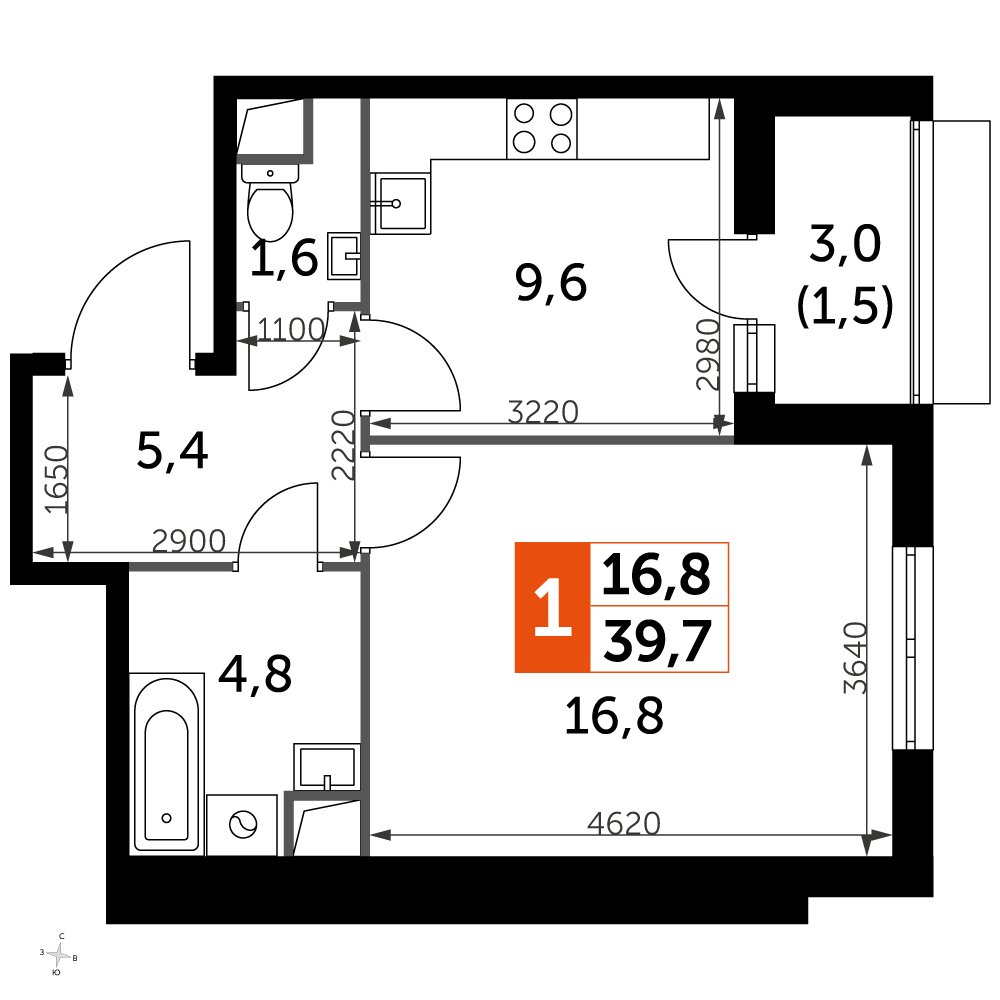 1-комнатная квартира с частичной отделкой, 40 м2, 1 этаж, дом сдан, ЖК UP-квартал Римский, корпус 7 - объявление 2353919 - фото №1