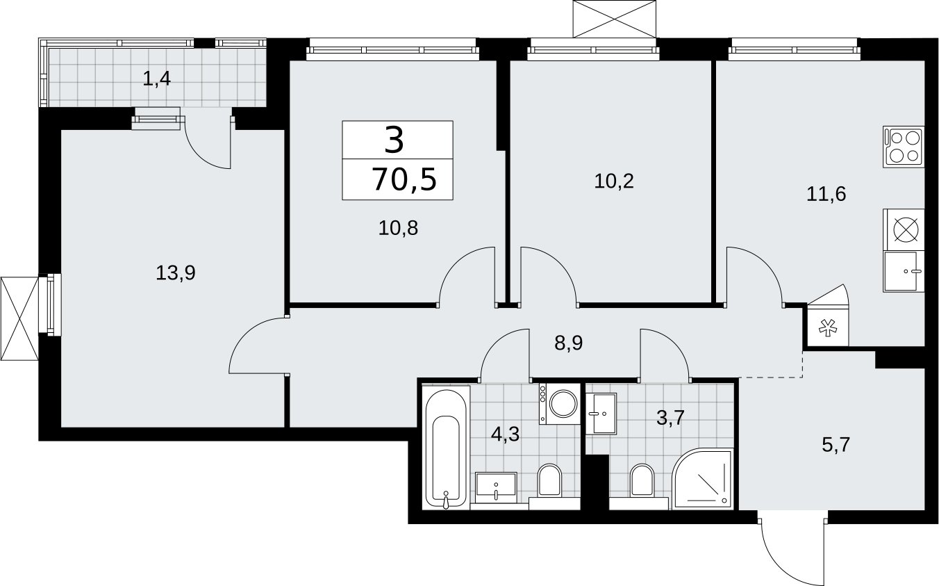 3-комнатная квартира с полной отделкой, 70.5 м2, 4 этаж, сдача 2 квартал 2026 г., ЖК Бунинские кварталы, корпус 7.1 - объявление 2319435 - фото №1