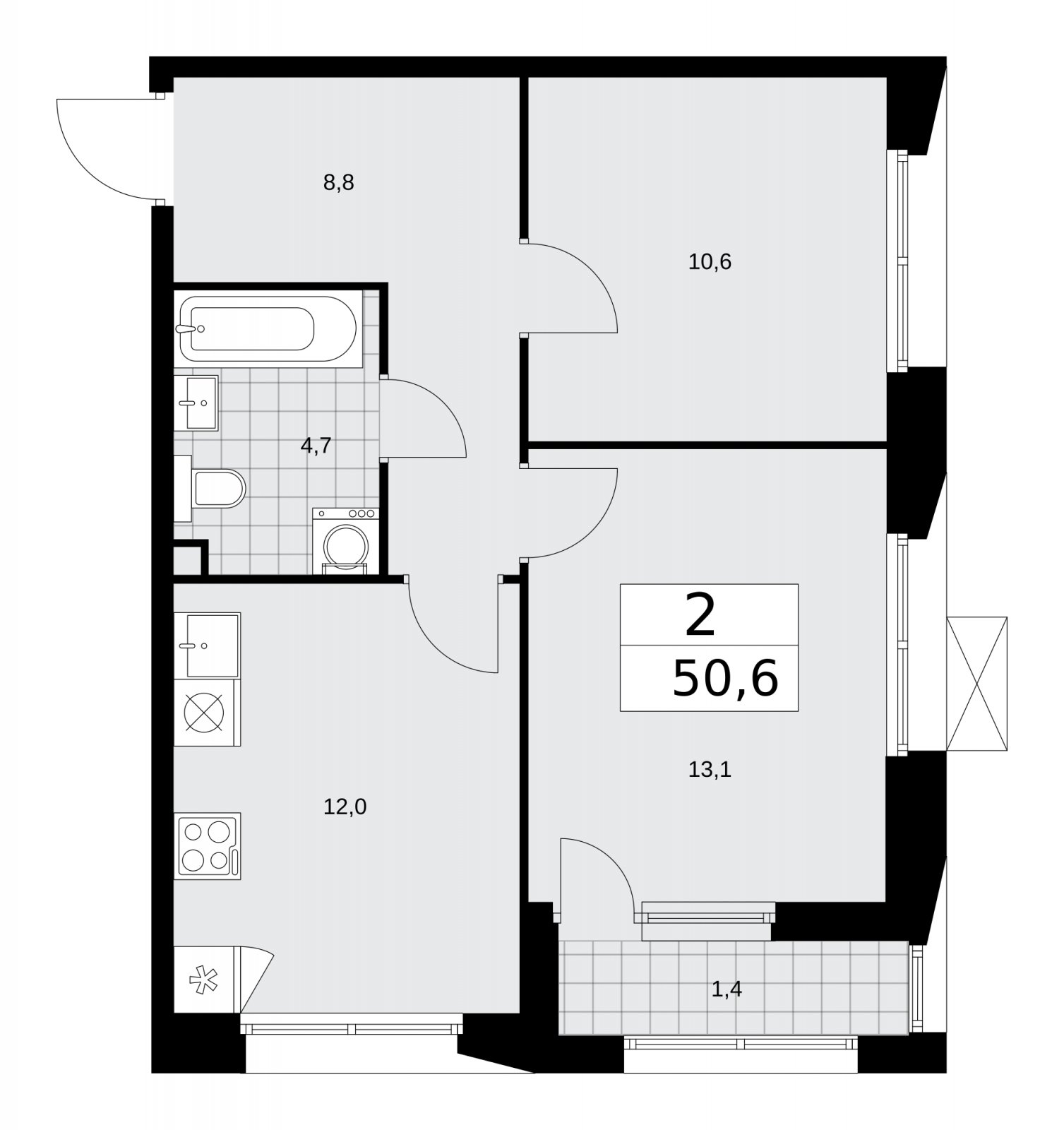 2-комнатная квартира без отделки, 50.6 м2, 2 этаж, сдача 4 квартал 2025 г., ЖК Бунинские кварталы, корпус 6.6 - объявление 2252947 - фото №1